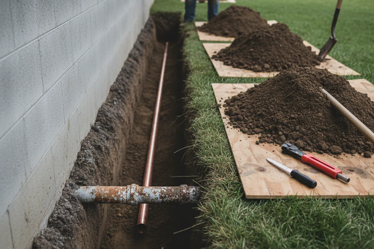 Excavated water line trench during Water Heater Repair in Bentonville